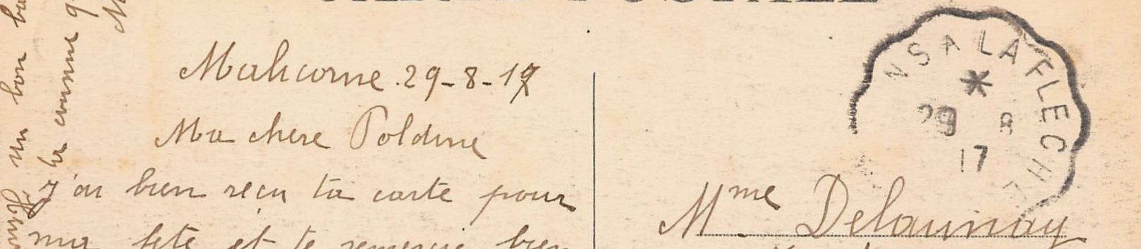 Obliteration ferroviaire / chemin de fer 'La Flèche au Mans', 1917 : Malicorne - back of postcard